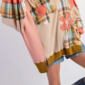 Multicolour Waffle Knit Plaid Patchwork Side Slits Loose Sweatshirt