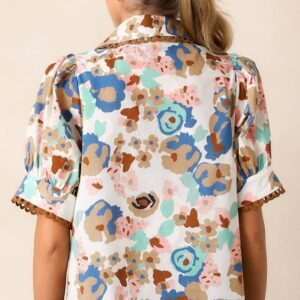 Multicolour Floral Print Ricrac Trim Collared Puff Short Sleeve Shirt