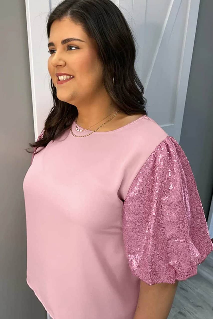 Pink Contrast Sequin Bubble Sleeve Plus Size T-Shirt