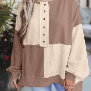 Parchment Colorblock Henley High Low Oversize Sweatshirt