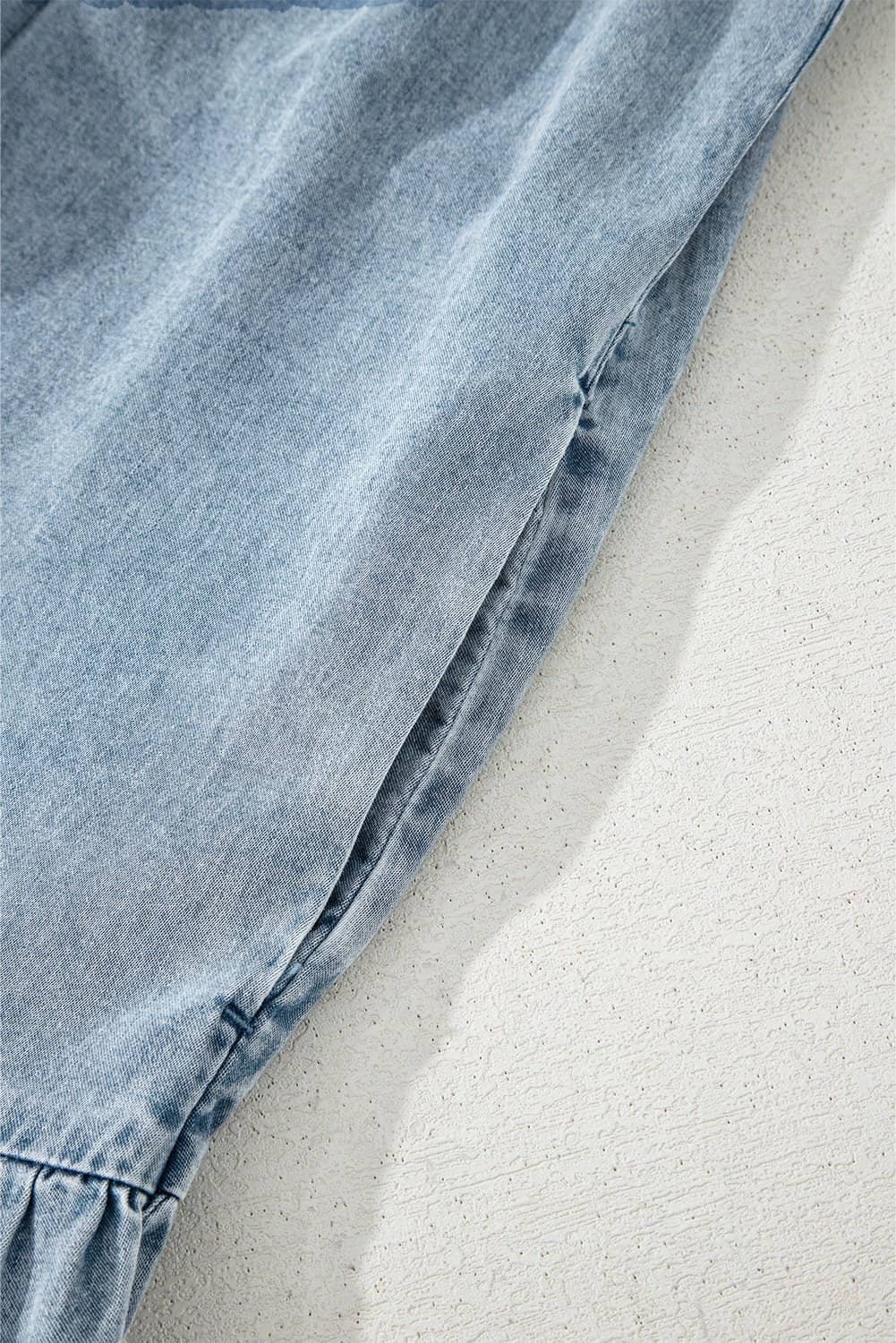 Real Teal Bowknot Neck Sleeveless Ruffled Chambray Dress