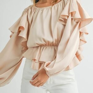 Oatmeal Lace-Up Keyhole Back Ruffled Peplum Blouse