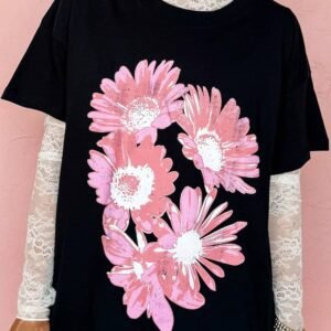 Black Pink Daisy Flower Printed Cotton Blend T Shirt