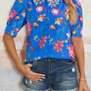 Blue Floral Short Puff Sleeve Button Up Shirt