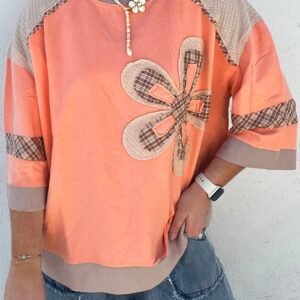 Grapefruit Orange Plaid Waffle Flower Patchwork Bracelet Sleeve Top