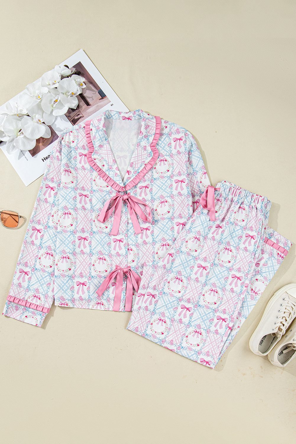 Pink Bow Wreath Pattern Christmas Holiday Tied Front Long Sleeve 2Pcs Pajama Set