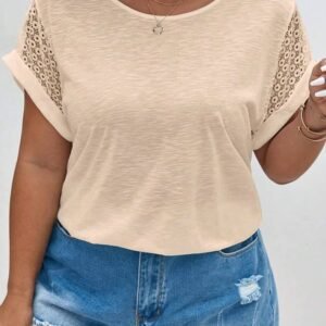 Parchment Lace Patchwork Short Sleeve Round Neck Plus Size Summer Top