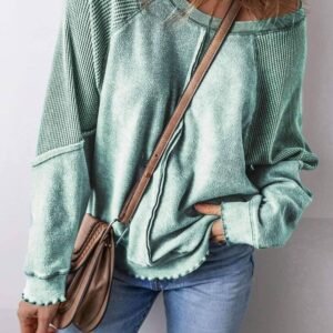 Mineral Blue Waffle Knit Patchwork Exposed Seam Raglan Sweatshirt