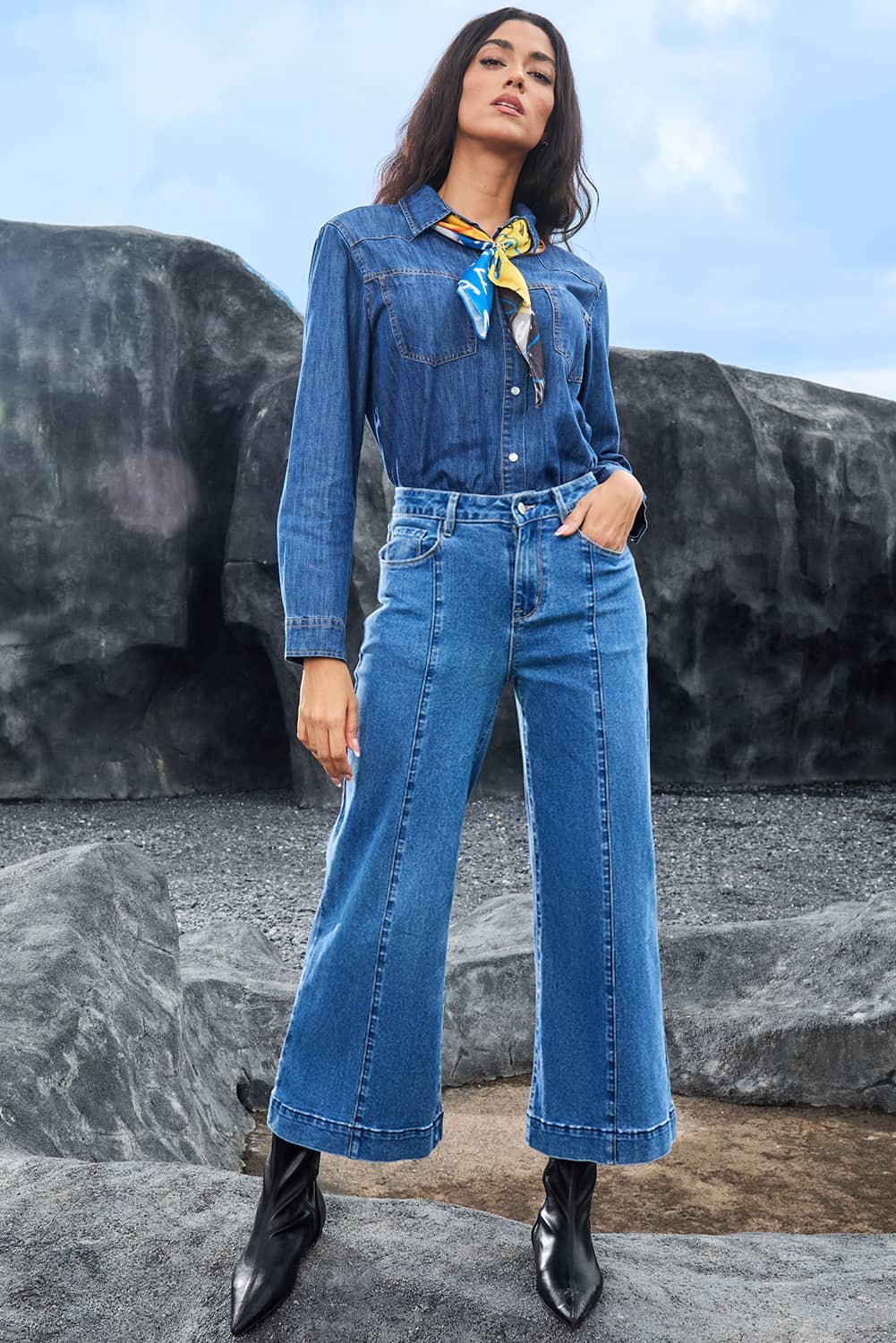 Dark Blue Plain Seam Detail Flared Bottom Ankle Length Jeans