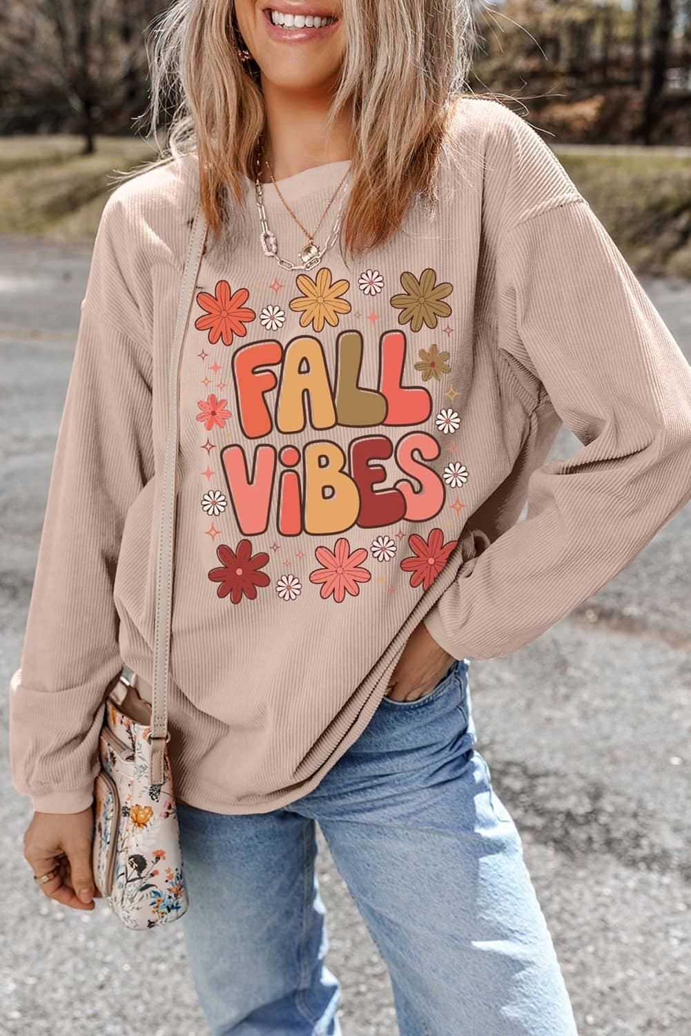 Apricot Twisted Rib Fall Vibe Graphic Baggy Sweatshirt