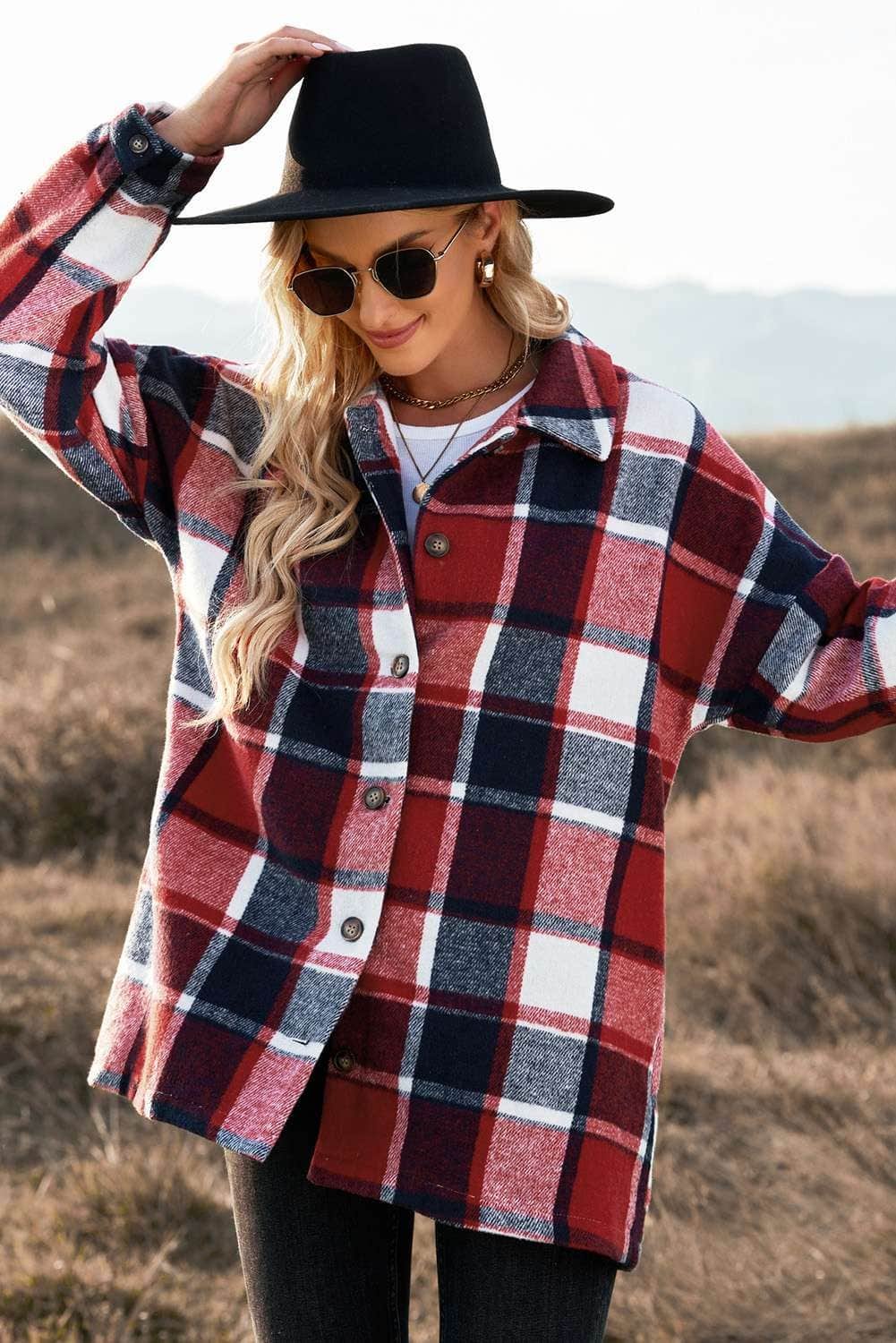 Red Plaid Print Buttoned Shirt Jacket