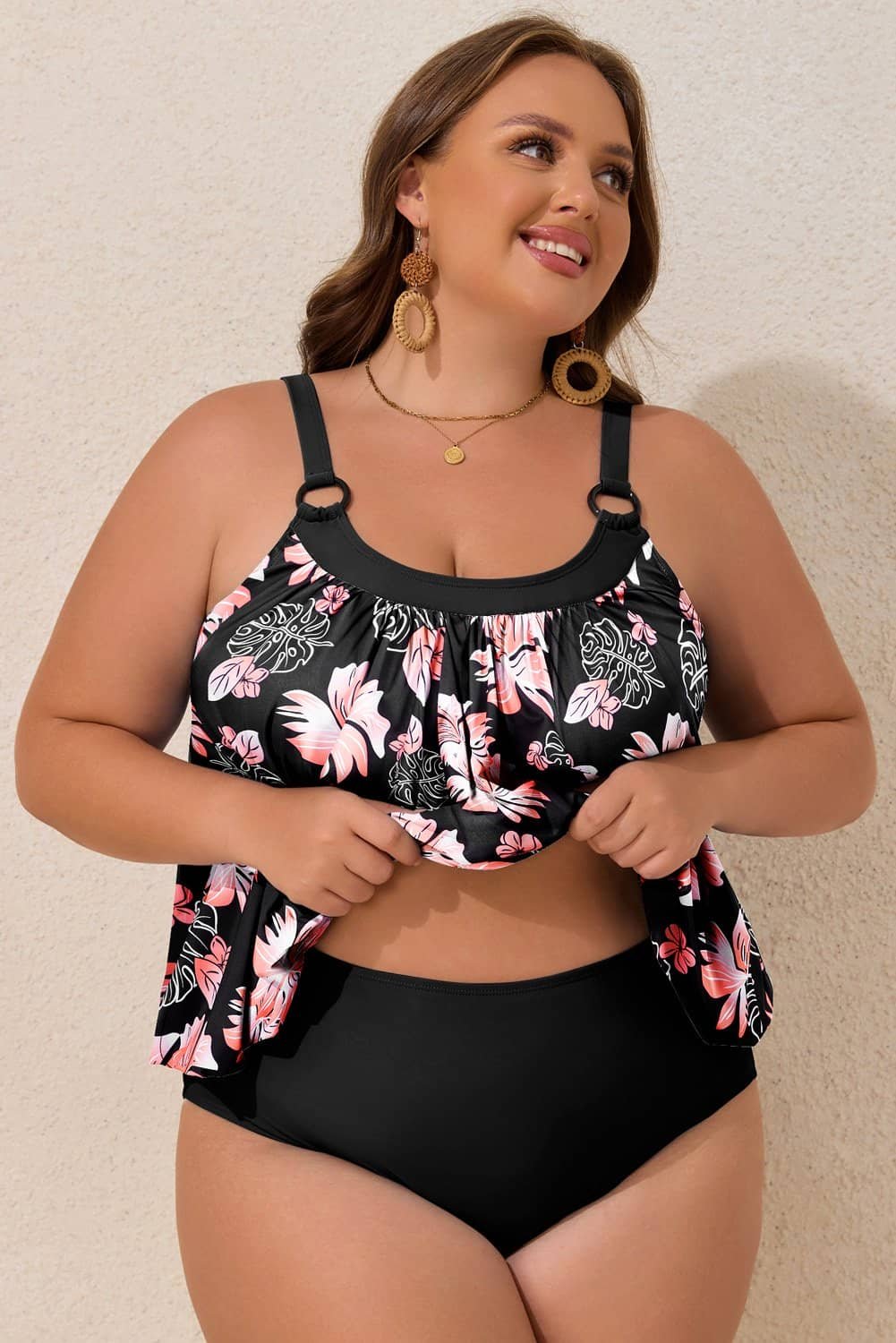 Black 2Pcs Plus Size Wide Strap Floral Top Tankini Set