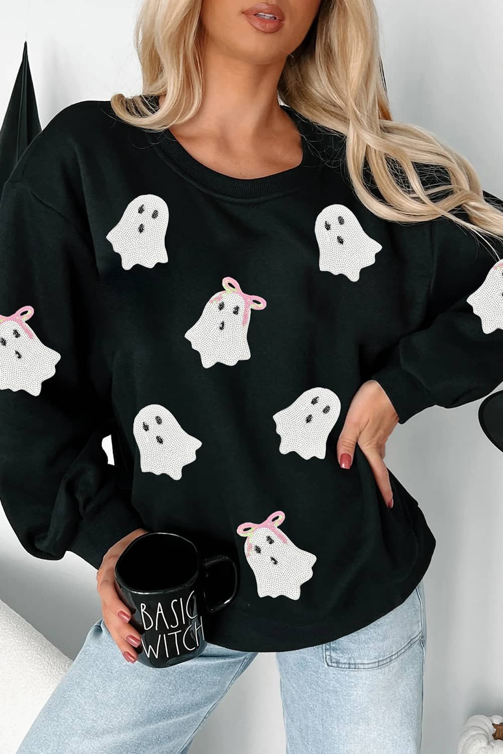 Black Sequin Cute Bow Ghost Graphic Crew Neck Halloween Sweatshirt