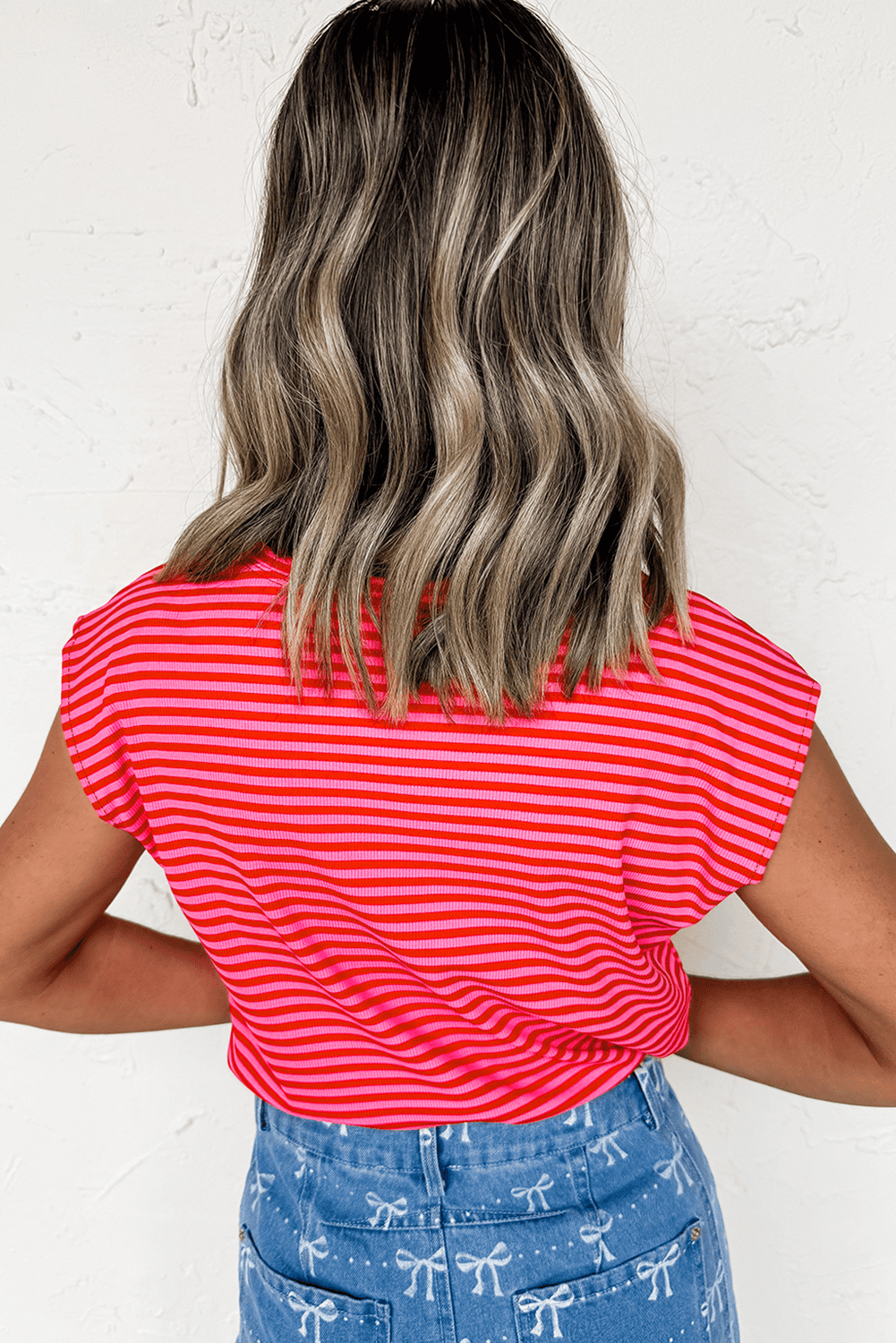 Red Stripe Sequin America Letter Patched Cap Sleeve Top