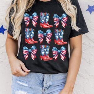 Black Stars And Stripes Bowknot Cowgirl Boots Graphic Patriotic Tee