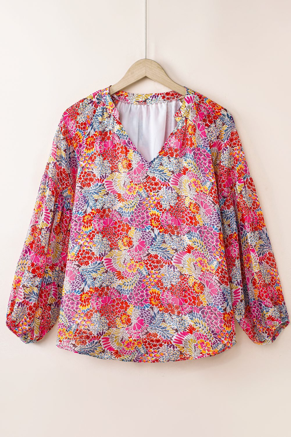 Fiery Red White Floral Print V Neck Long Puff Sleeve Top