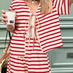 Red Stripe Lace-Up Front Top And High Waist Shorts Set