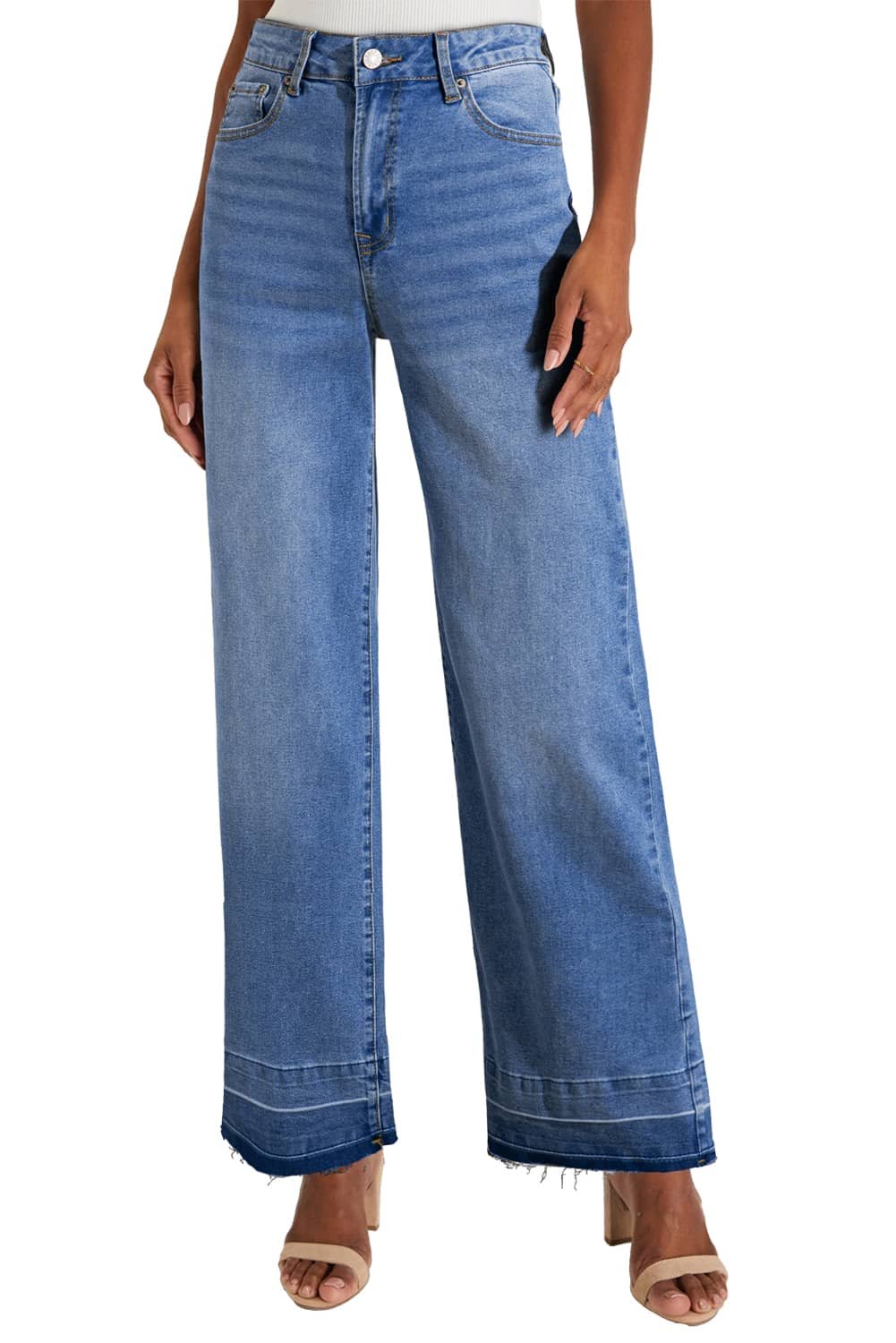 Dusk Blue Raw Hem Unique Cuffs Straight High Rise Loose Jeans