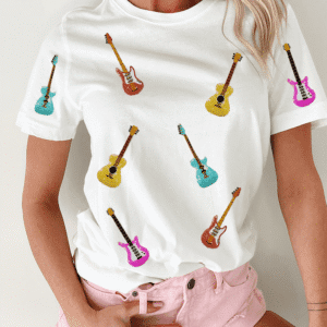 White Guitar Patched Graphic Crew Neck Tee