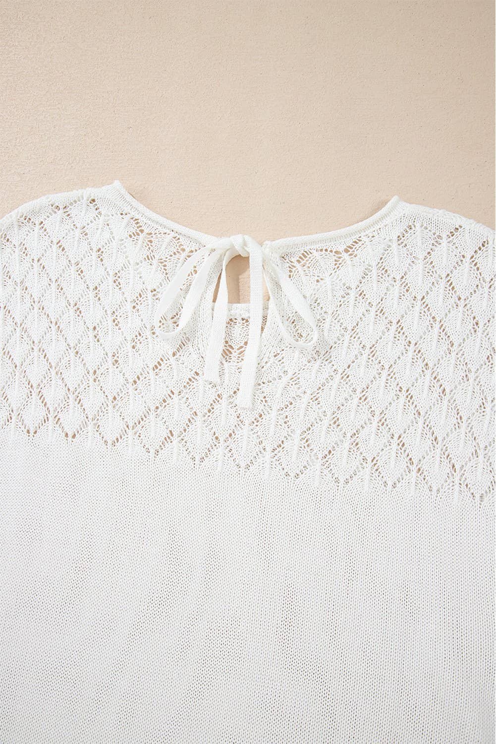 White Eyelet Knit Tied Back Short Sleeve Sweater