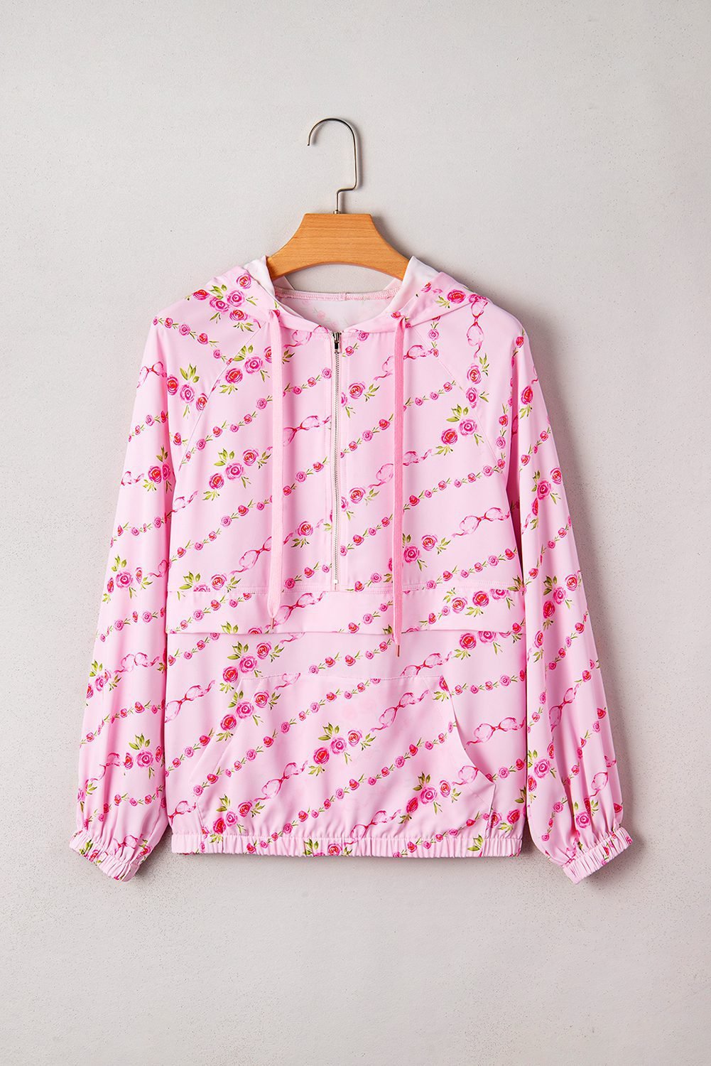 Pink Floral Print Half Zip Kangaroo Pouch Drawstring Hoodie