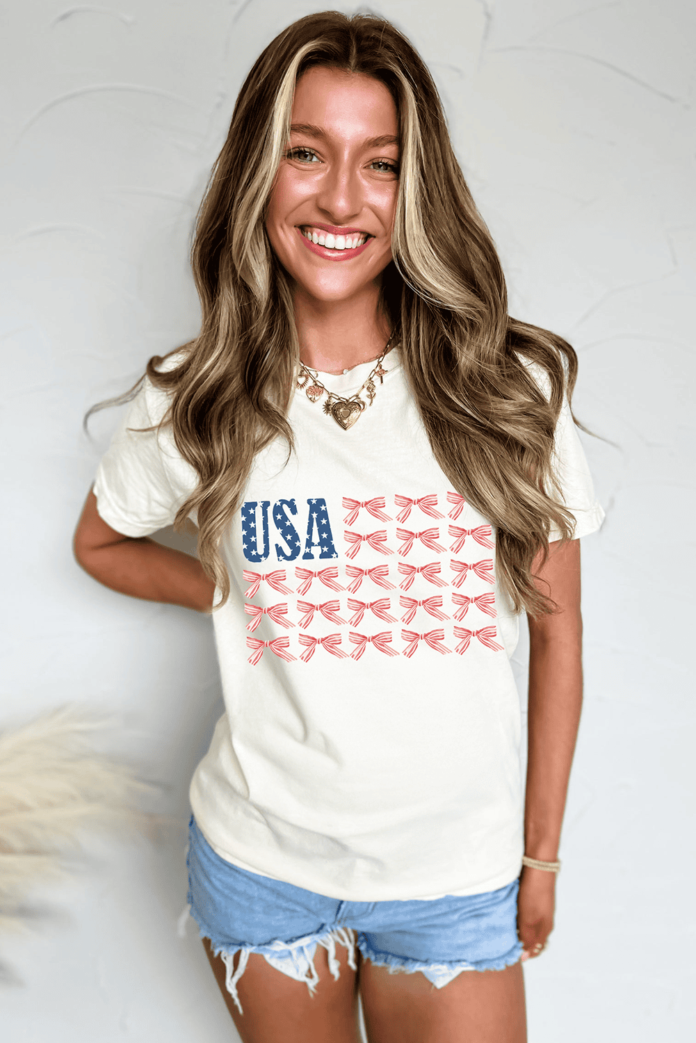 White Usa Flag Bow Knot Print Round Neck T Shirt