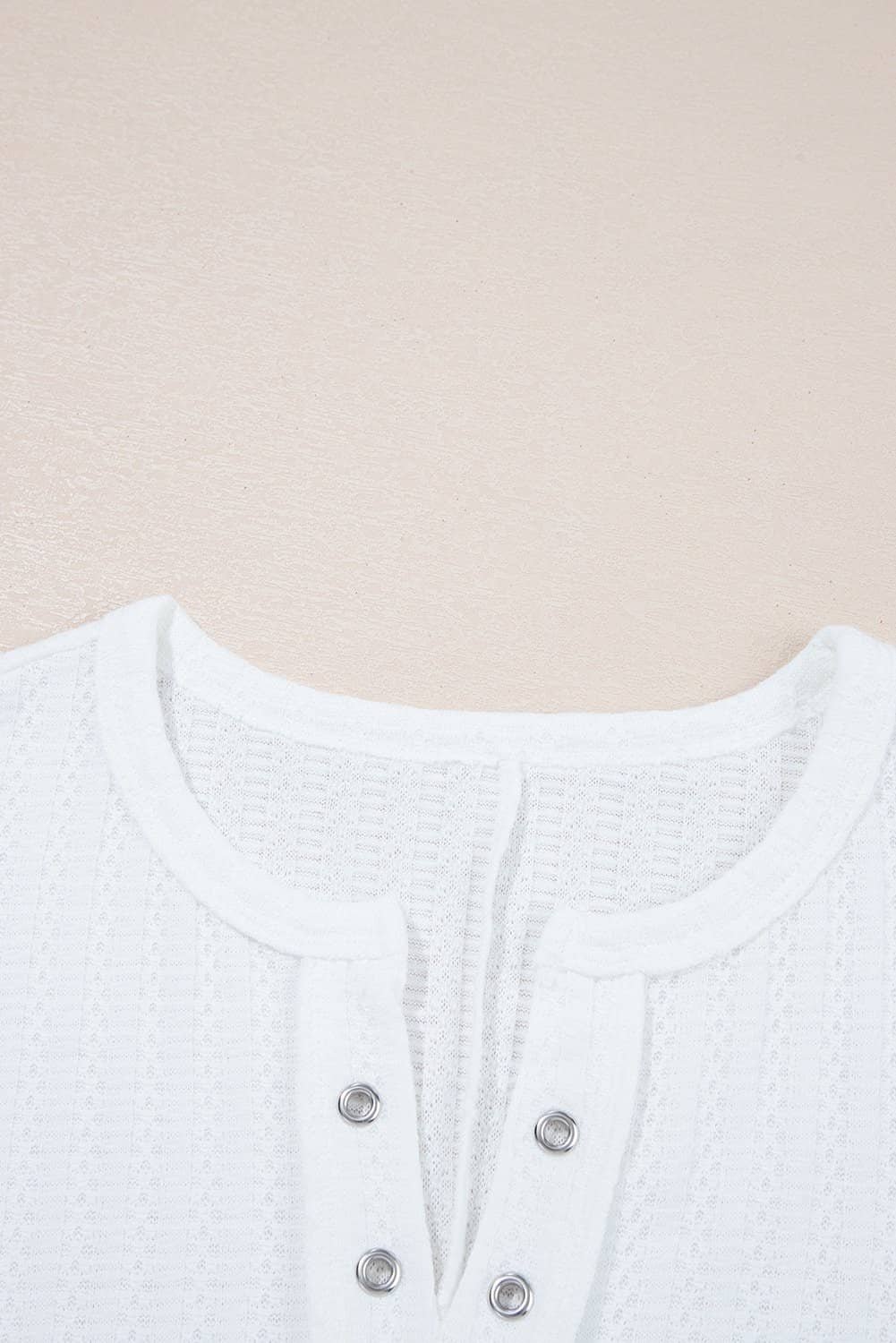 White Textured Hollow Grommet Placket Split Neck Short Sleeve Top