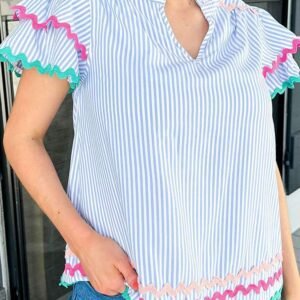 Sky Blue Stripe Ricrac Trim Split Neck Striped Ruffled Sleeve Blouse