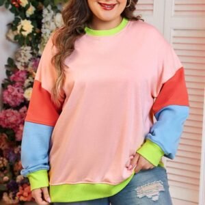 Light Pink Plus Size Colorblock Patchwork Crew Neck Sweatshirt