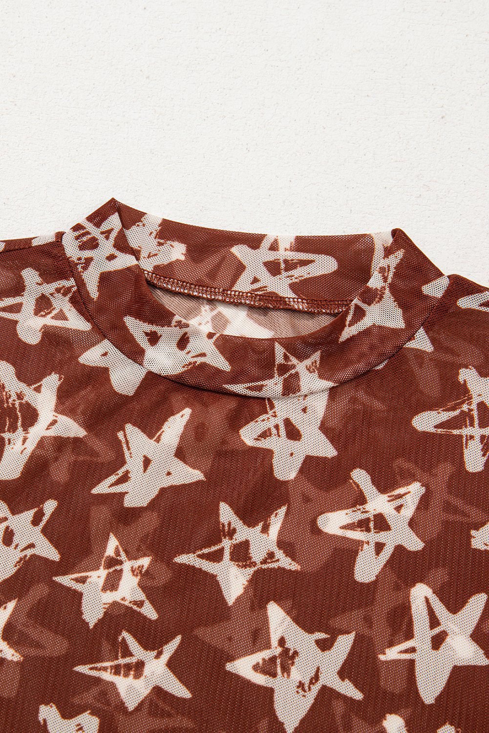 Red Mesh Star Print Mock Neck Sheath Long Sleeve Top