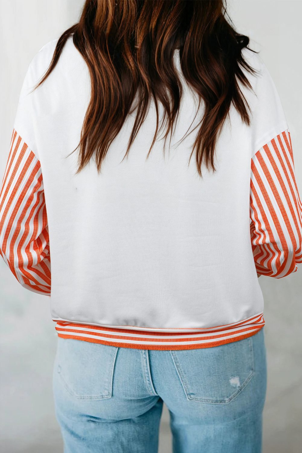 Orange Stripe V Neck Drop Shoulder Patchwork Long Sleeve Top