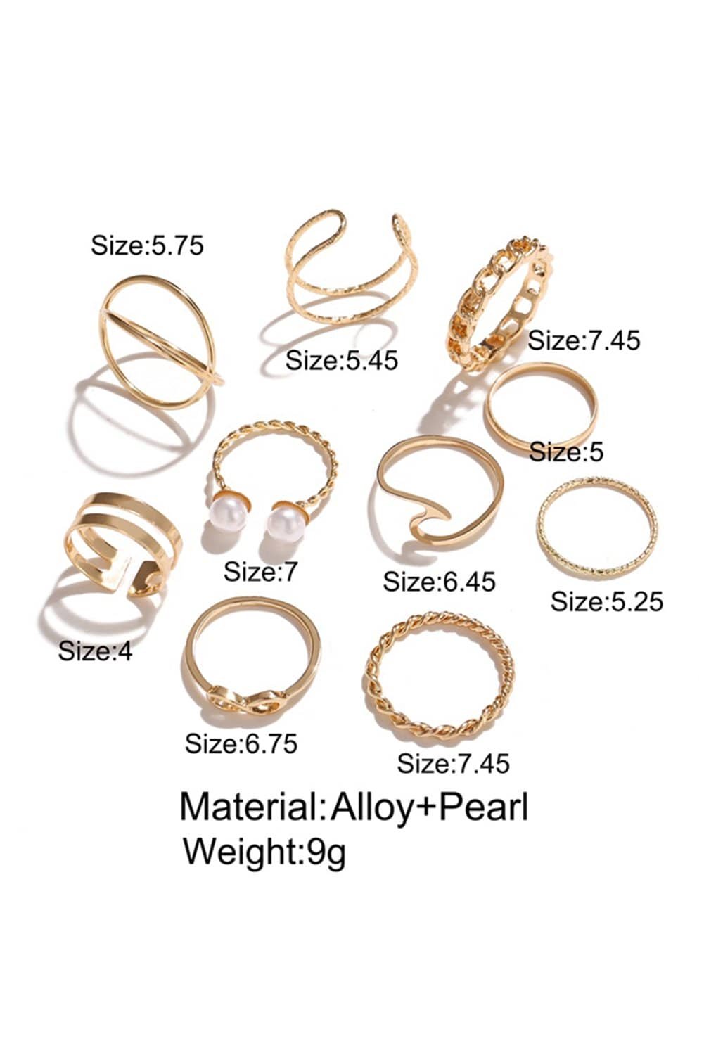 Gold 10Pcs/Set Vintage Plated Alloy Ring Set