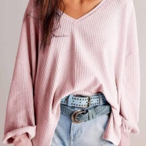 Light Pink Waffle V Neck Long Sleeve Drop Shoulder Loose Blouse