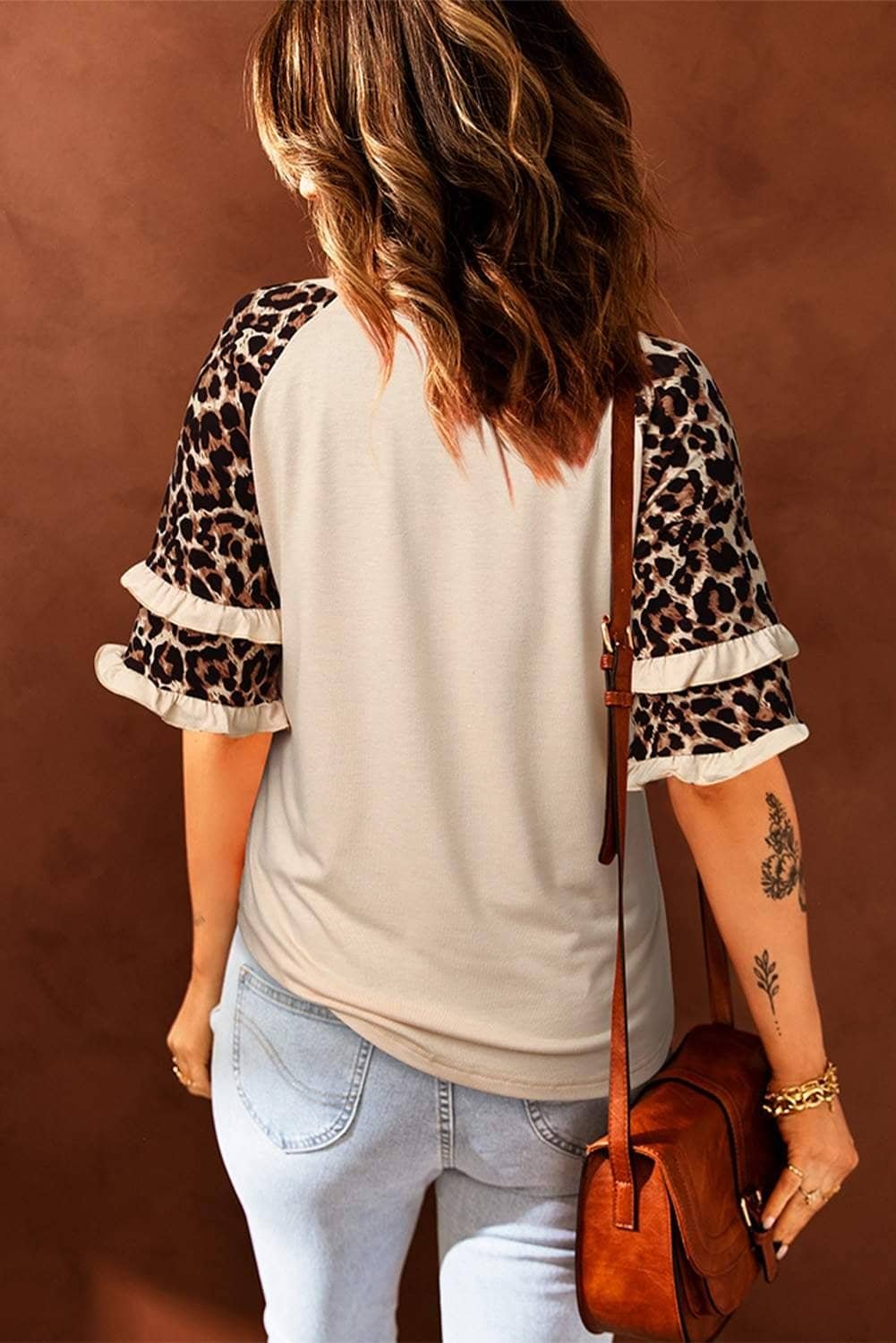 Apricot Howdy Leopard Print Tiered Ruffled 3/4 Sleeve Tee