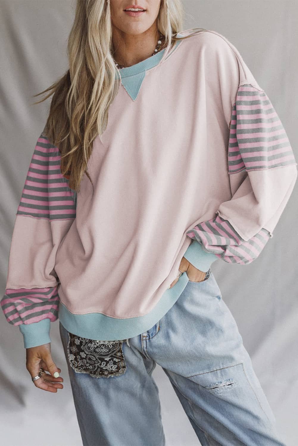 Delicacy Striped Colorblock Patchwork Drop Shoulder Sweatshirt