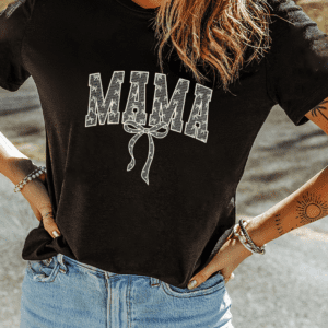 Black Bowknot Mama Embroidered Crewneck Mothers Day T Shirt
