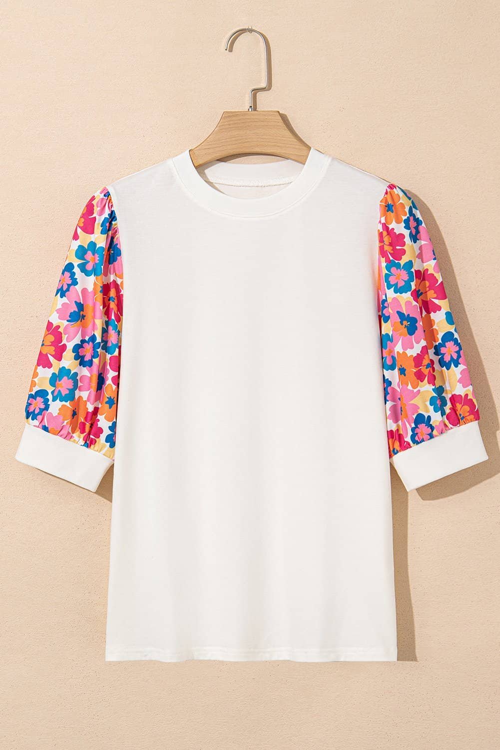 Beige Floral Puff Sleeve Patchwork Round Neck Top