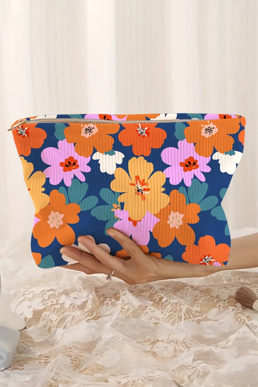 Ashleigh Blue Flower Print Zipper Corduroy Large Cosmetic Bag