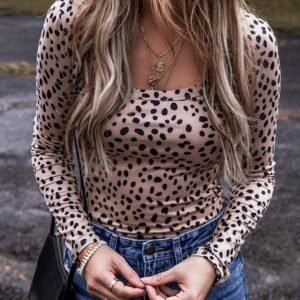 Smoke Gray Leopard Print Long Sleeve Scoop Neck Slim Fit Bodysuit