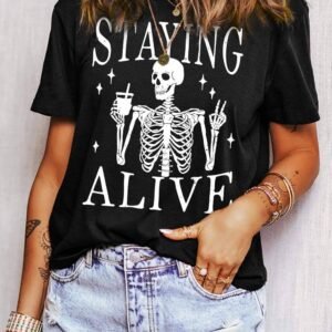 Black Staying Alive Funny Skeleton Print Round Neck T Shirt