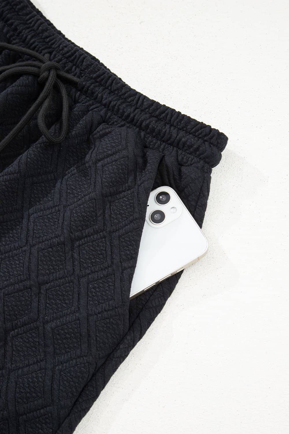 Color Black Striped Collared Zip Up Textured Skirt Set