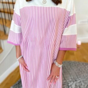 Phalaenopsis Striped Patchwork Three Quarters Sleeve Loose Mini Dress