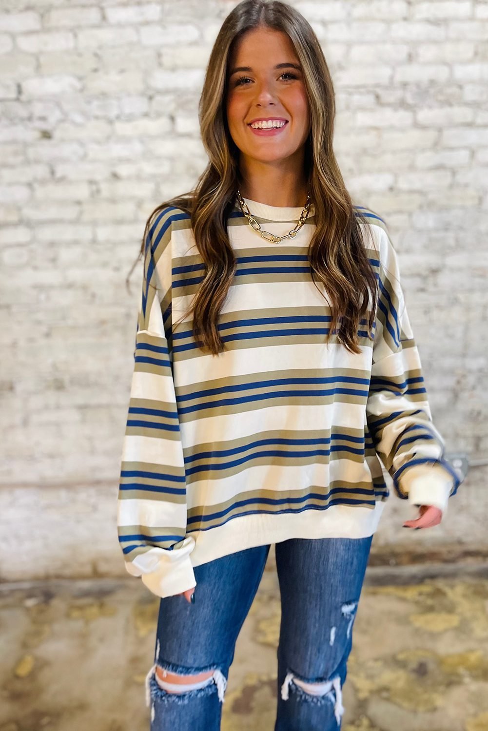 Khaki Stripe Crew Neck Drop Shoulder Pullover Sweatshirt