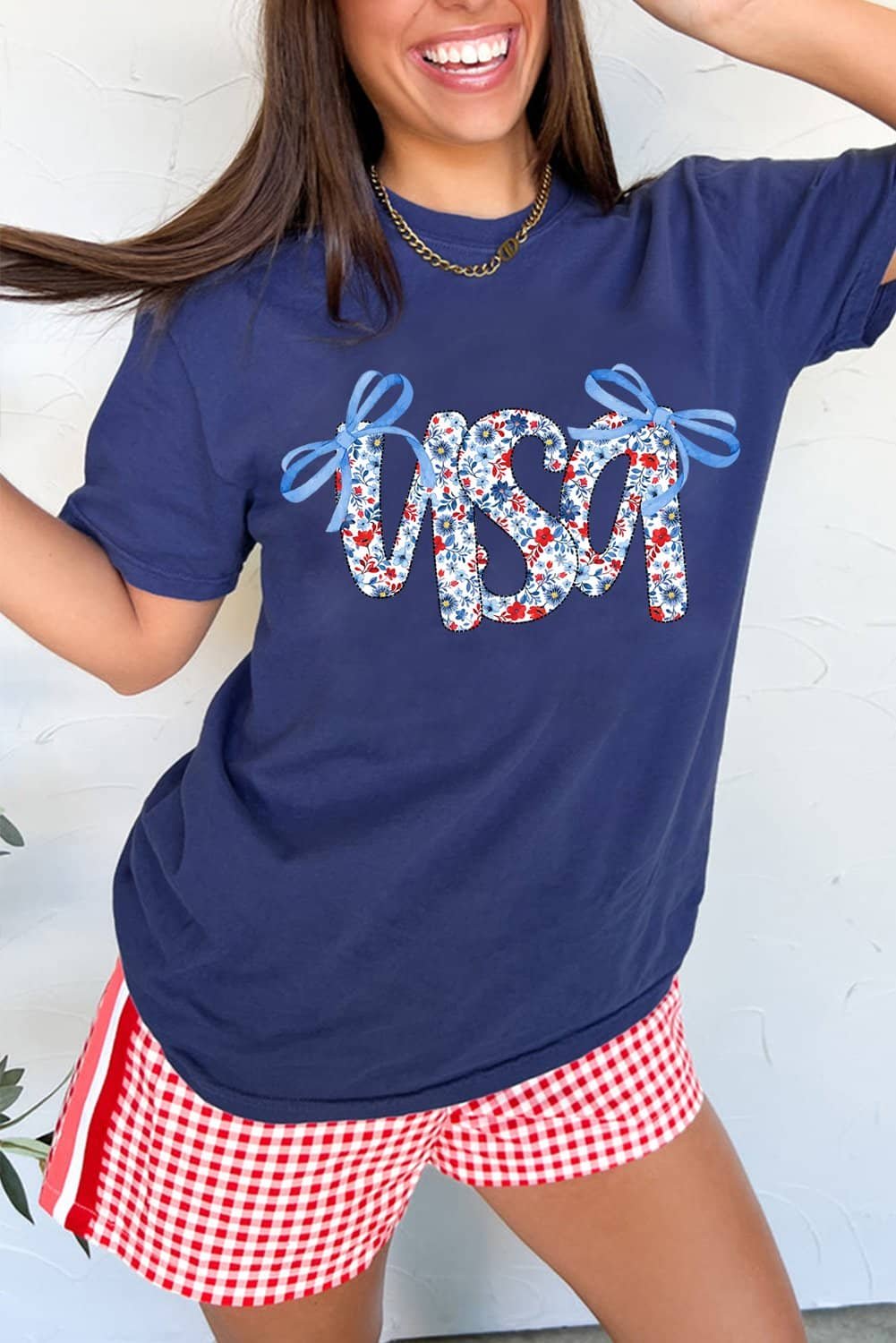 Blue Bow Floral Usa Letter Print Independence Day T Shirt