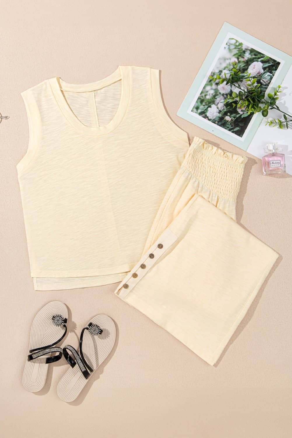Beige Solid Color Tank Top And Smocked Waist Pants Set