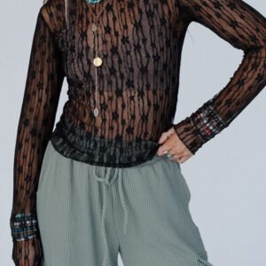 Black Sheer Floral Lace Long Sleeve Slim Fit Top