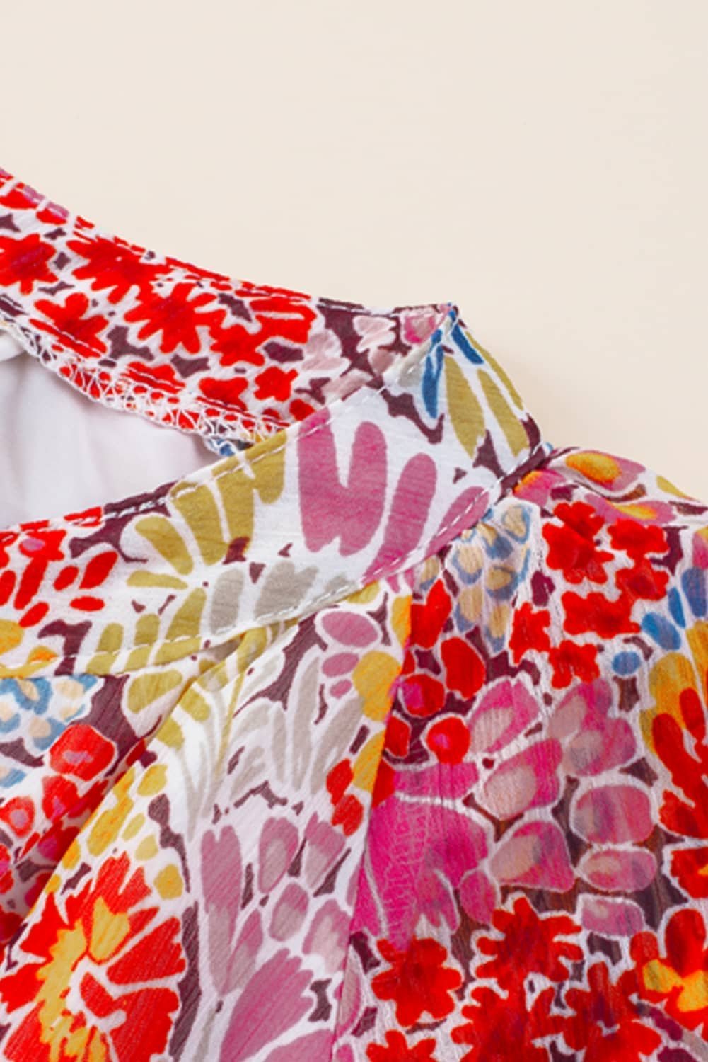 Fiery Red White Floral Print V Neck Long Puff Sleeve Top