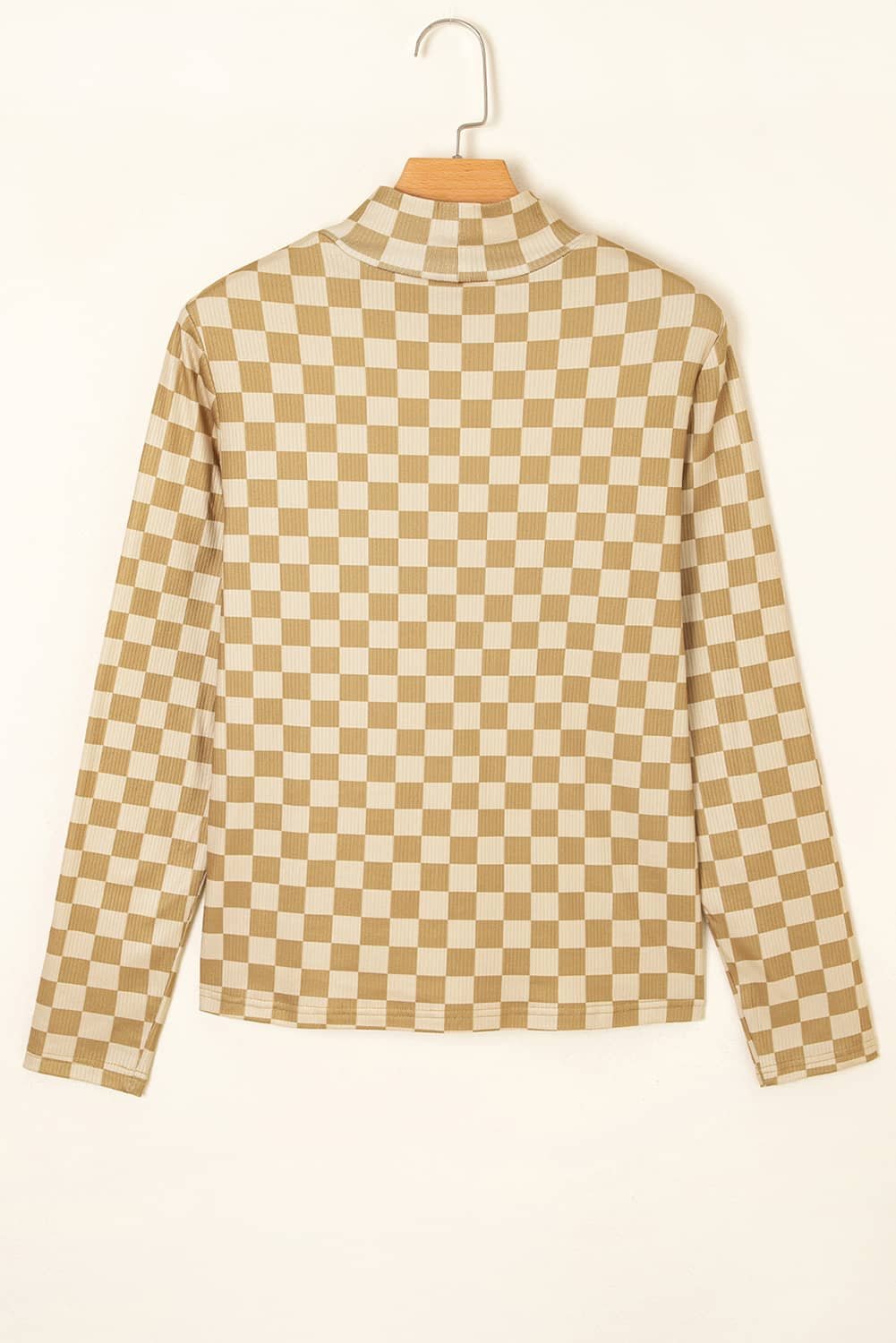 Khaki Check Pattern Turtleneck Ribbed Slim Long Sleeve Tee