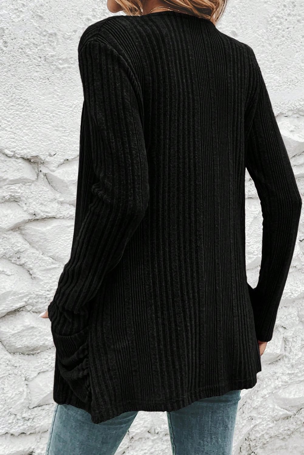Black Ribbed Open Front Knitted Top With Pockets