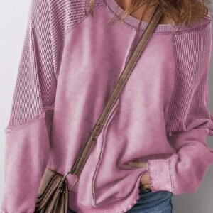 Pink Solid Waffle Knit Patchwork Raglan Sleeve Sweatshirt
